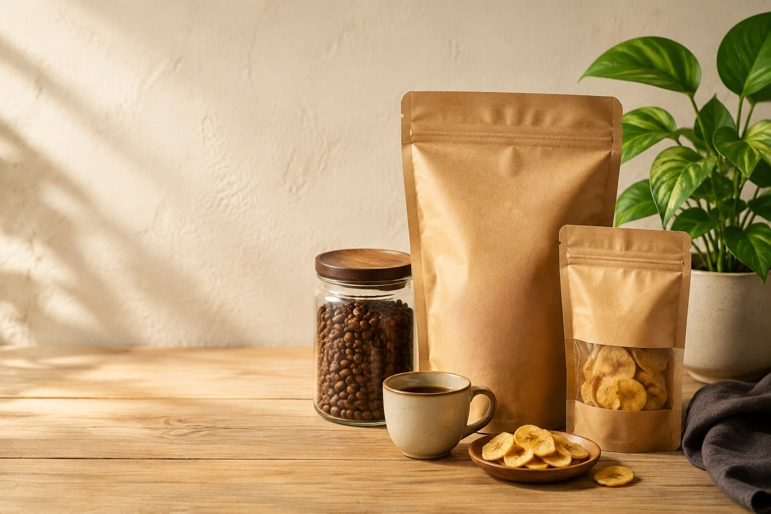 Koleksi kopi, camilan, dan produk UMKM di atas meja kayu