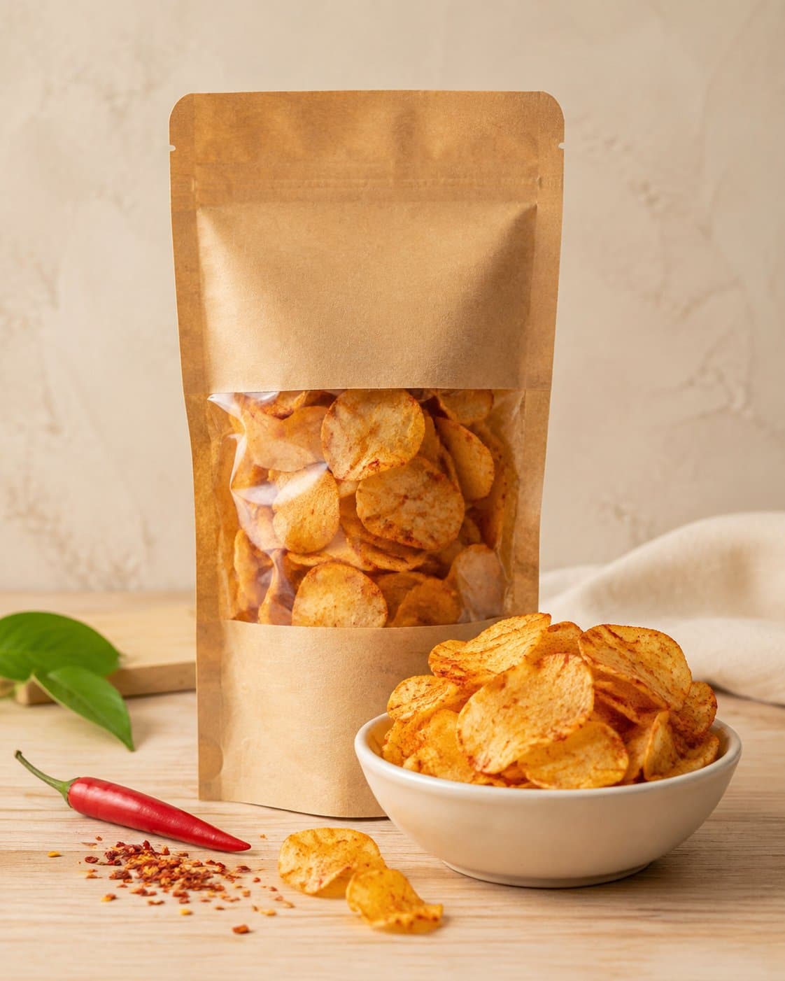 Keripik singkong pedas dengan cabai merah