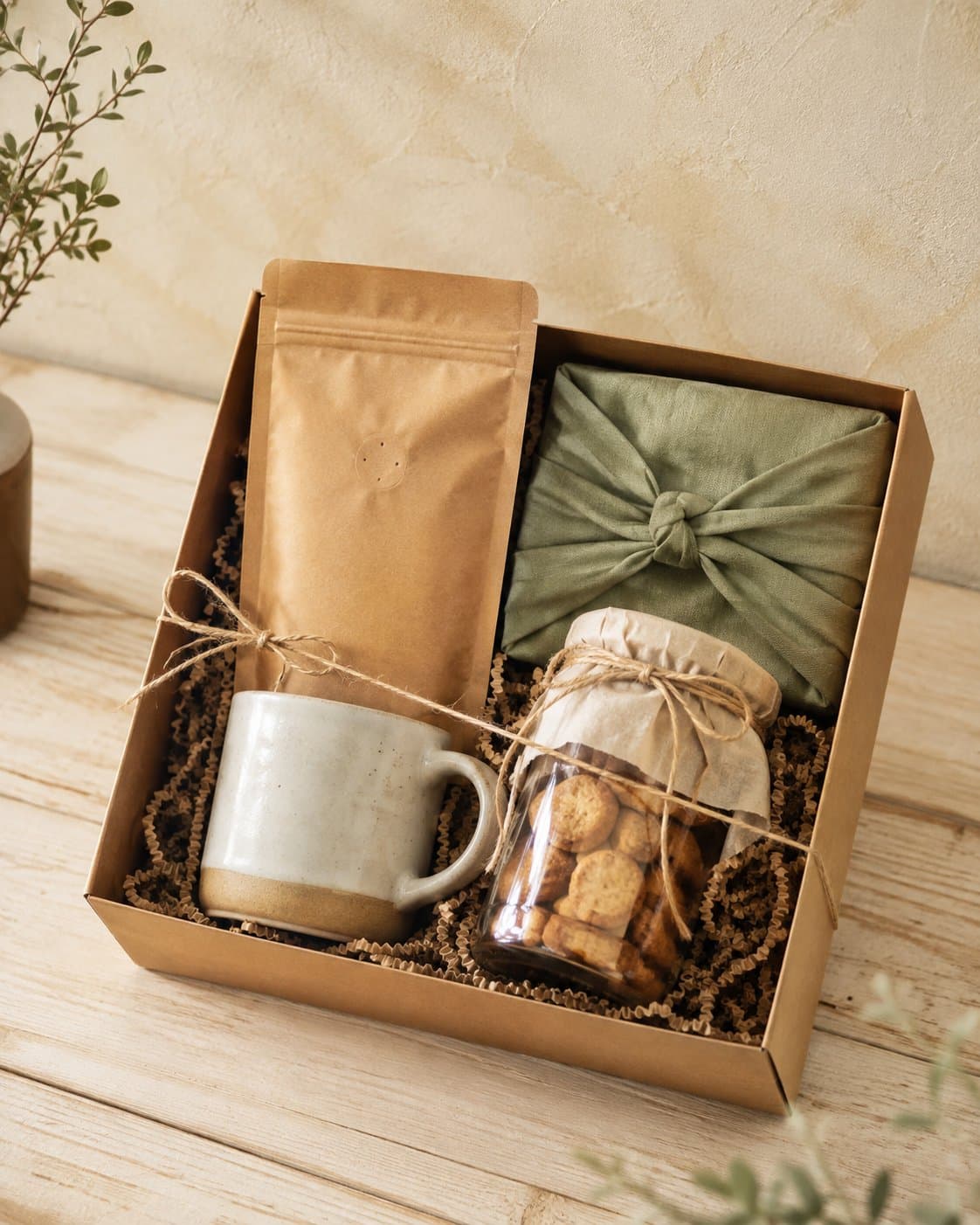 Hampers lokal berisi kopi, cangkir, dan camilan